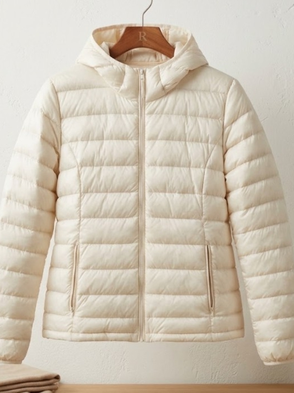 TNA "Botanie" Superlight Packable Cream Quilted Down Hooded Puffer (Sz L)
